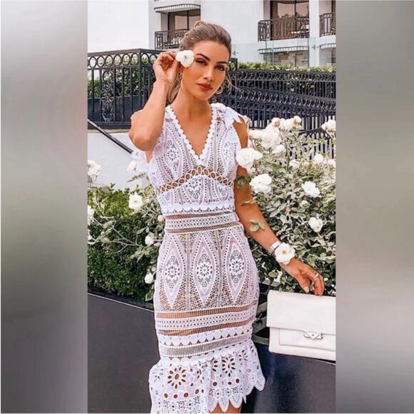 Michael Kors Medallion Lace Midi Dress Size XL Crochet Eye lit White Tan New - Picture 1 of 7